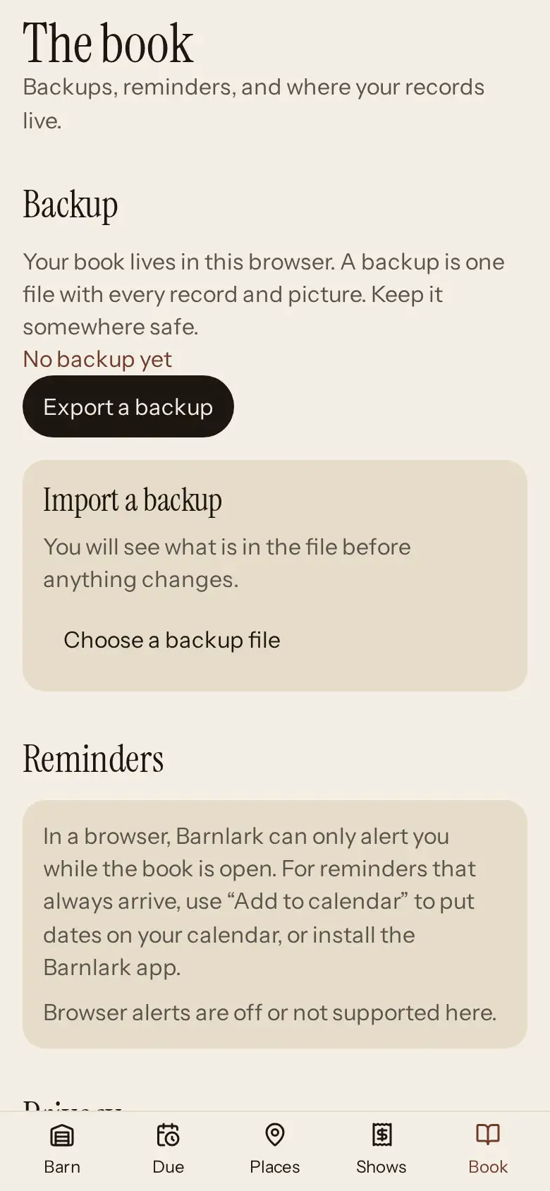 The Barnlark Book screen: Export a backup, Import a backup with a preview of the file before anything changes, and a note on how reminders work in a browser.