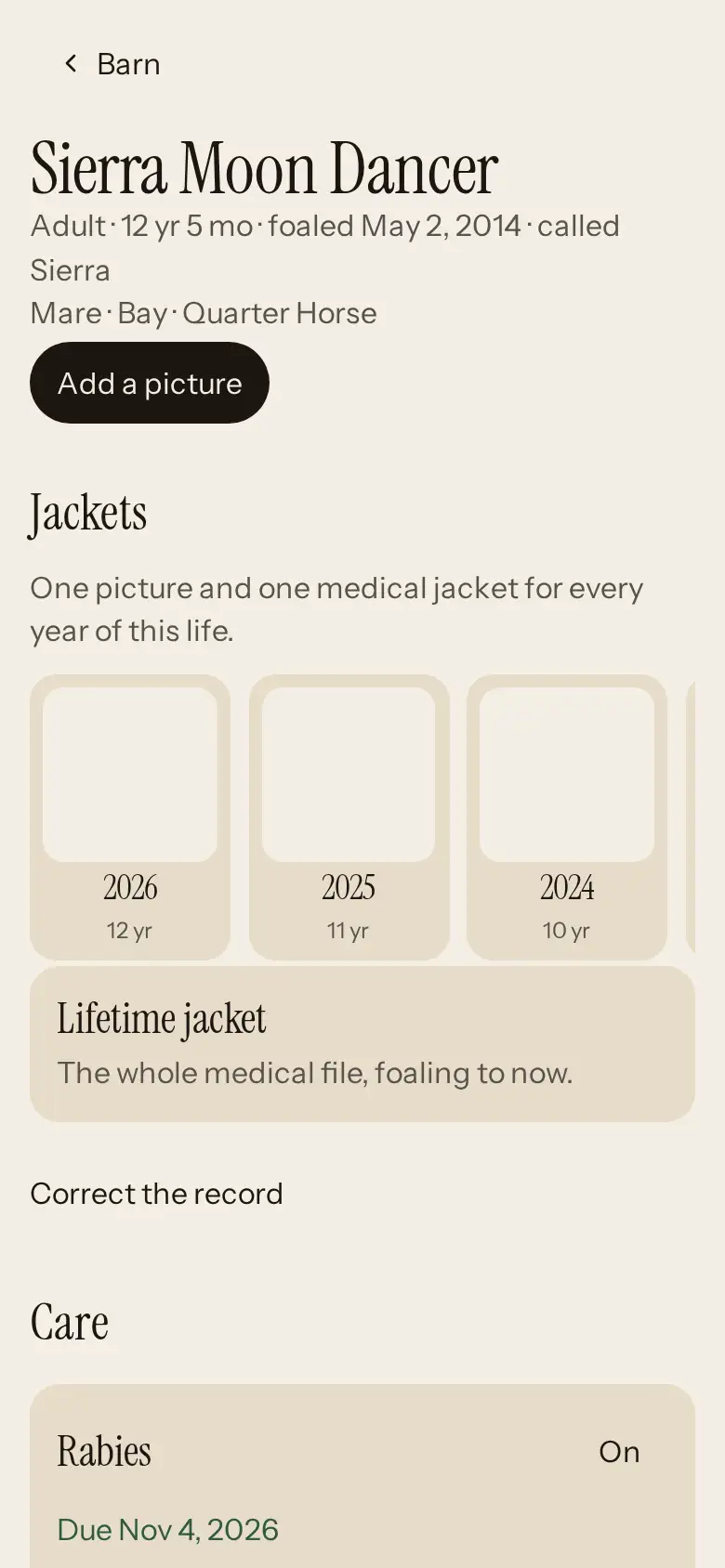 A sample horse record for Sierra Moon Dancer, a 12-year-old bay Quarter Horse mare foaled May 2, 2014: yearly picture and medical jackets for 2024 to 2026, a lifetime jacket, and a Care section showing rabies due November 4, 2026.
