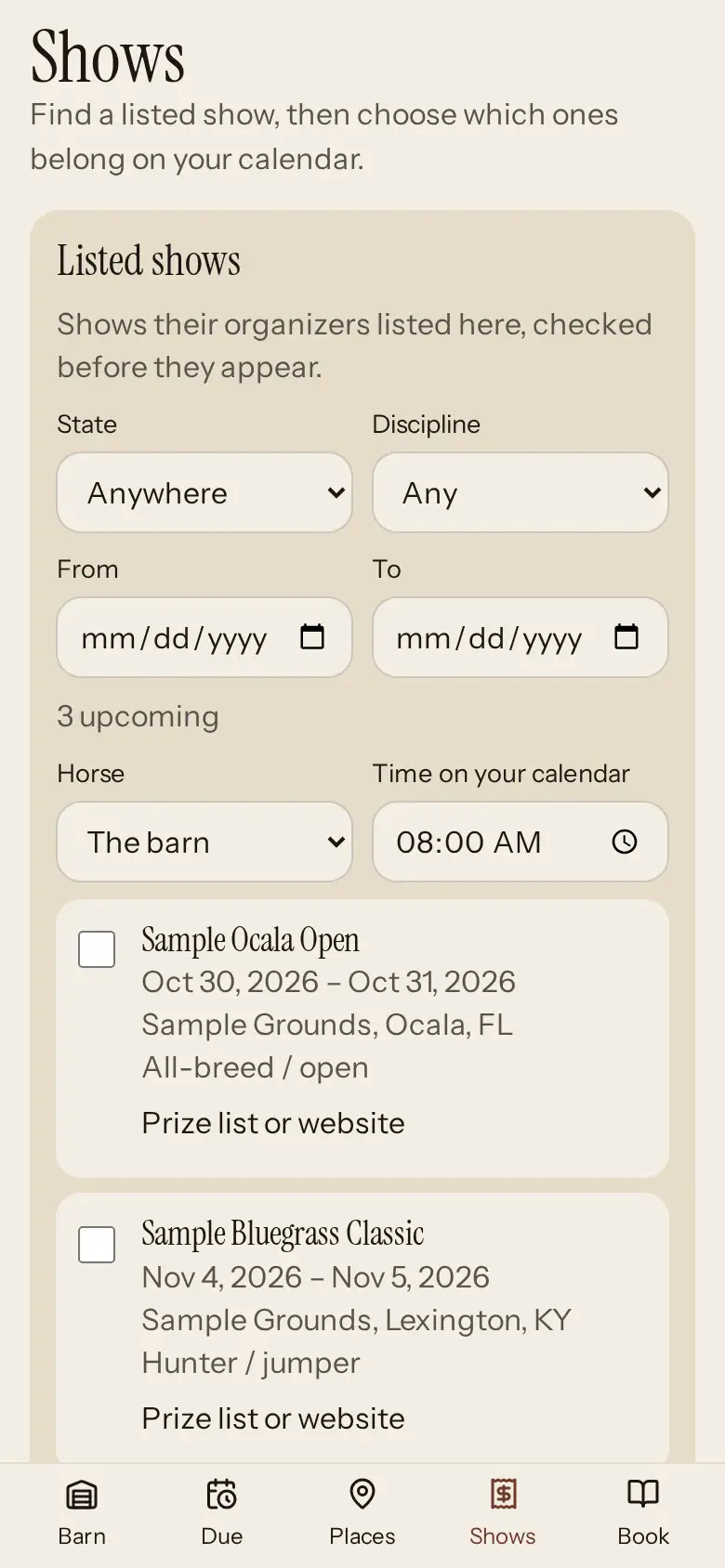 The Barnlark Shows screen: filters for state, discipline and dates, then example organizer-listed shows, Sample Ocala Open and Sample Bluegrass Classic, each with a checkbox to put it on your calendar.